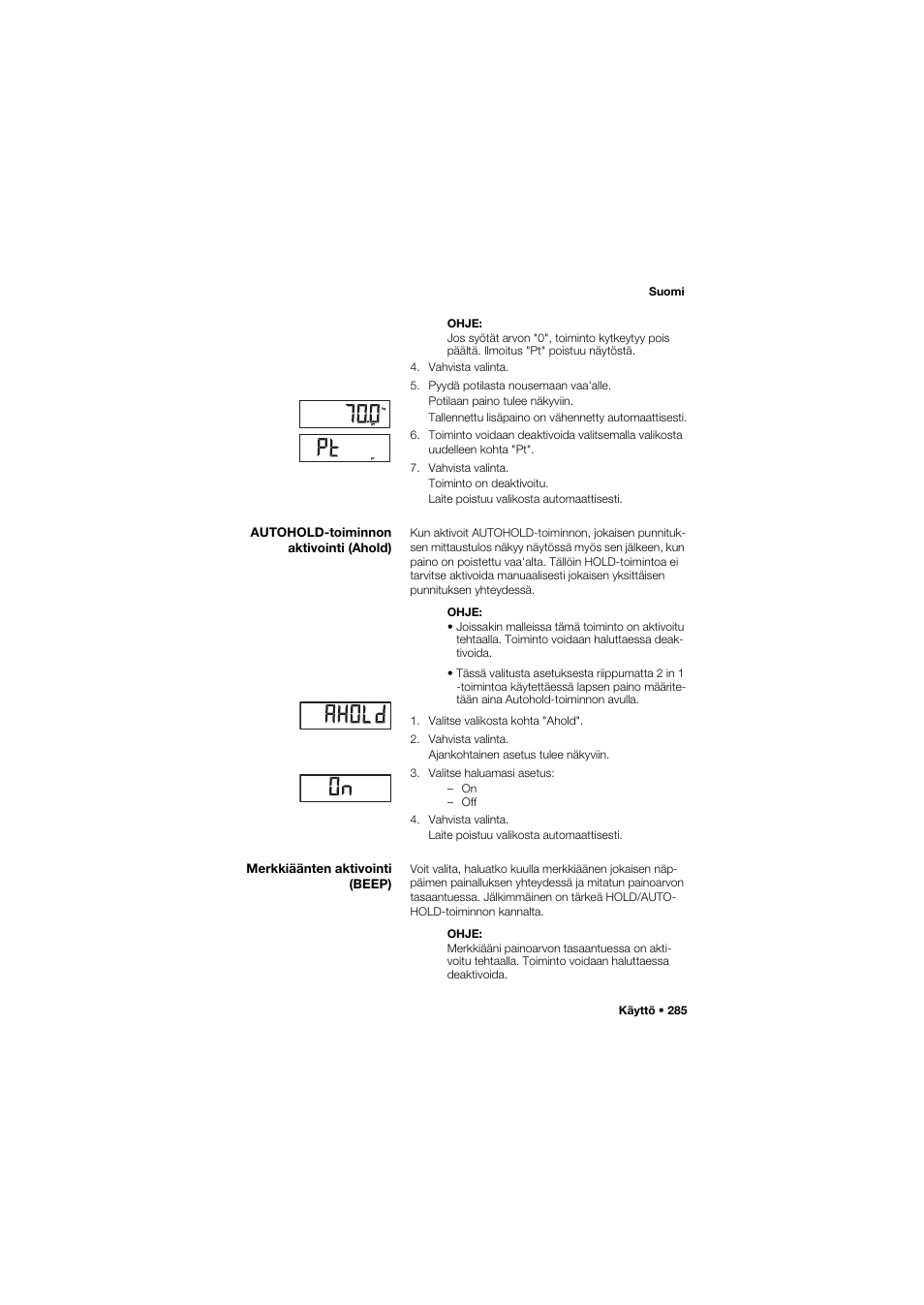 Autohold-toiminnon aktivointi (ahold), Merkkiäänten aktivointi (beep), 285 merkkiäänten aktivointi (beep) | Seca 704 User Manual | Page 285 / 443