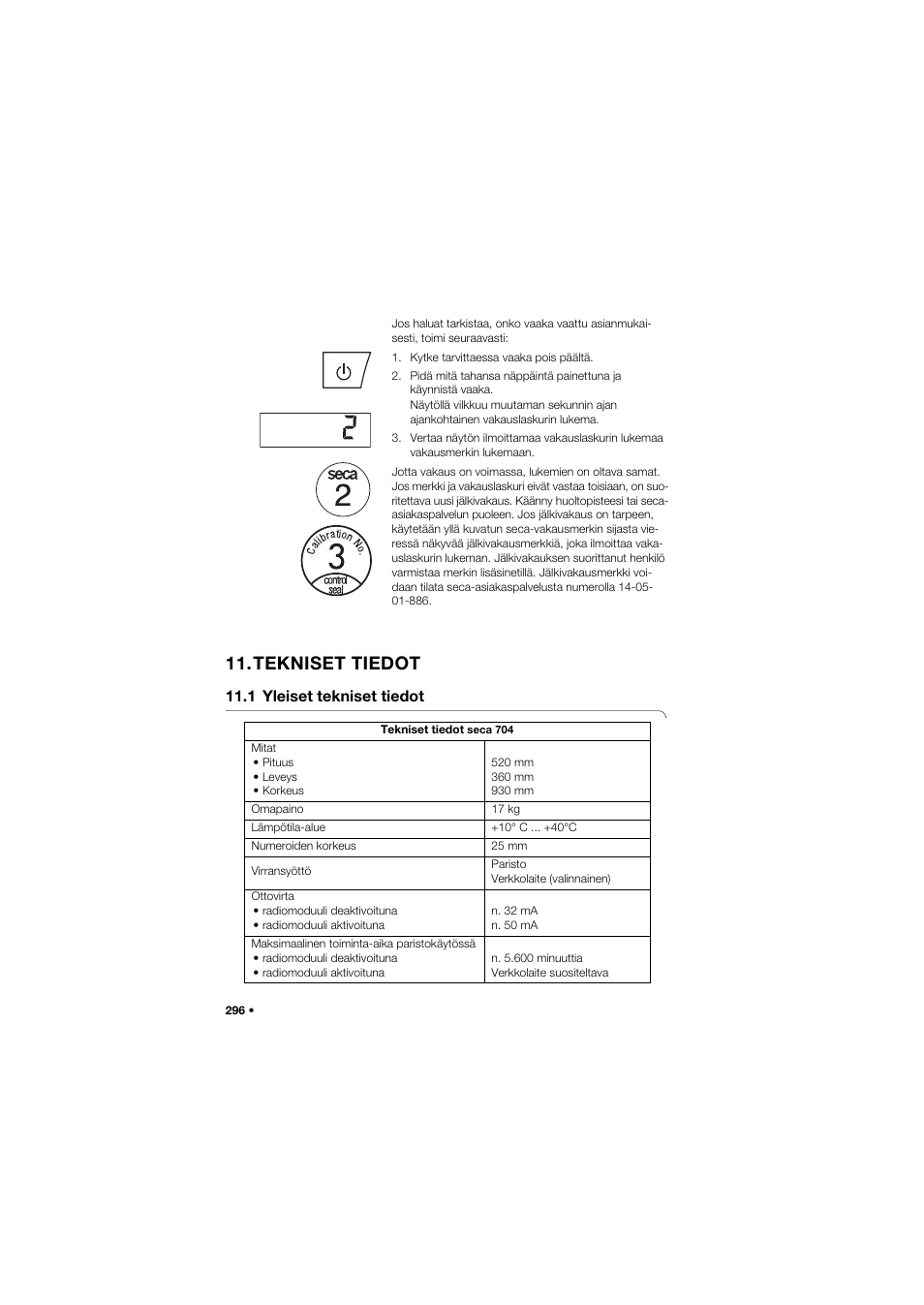 Tekniset tiedot, 1 yleiset tekniset tiedot | Seca 704 User Manual | Page 296 / 443
