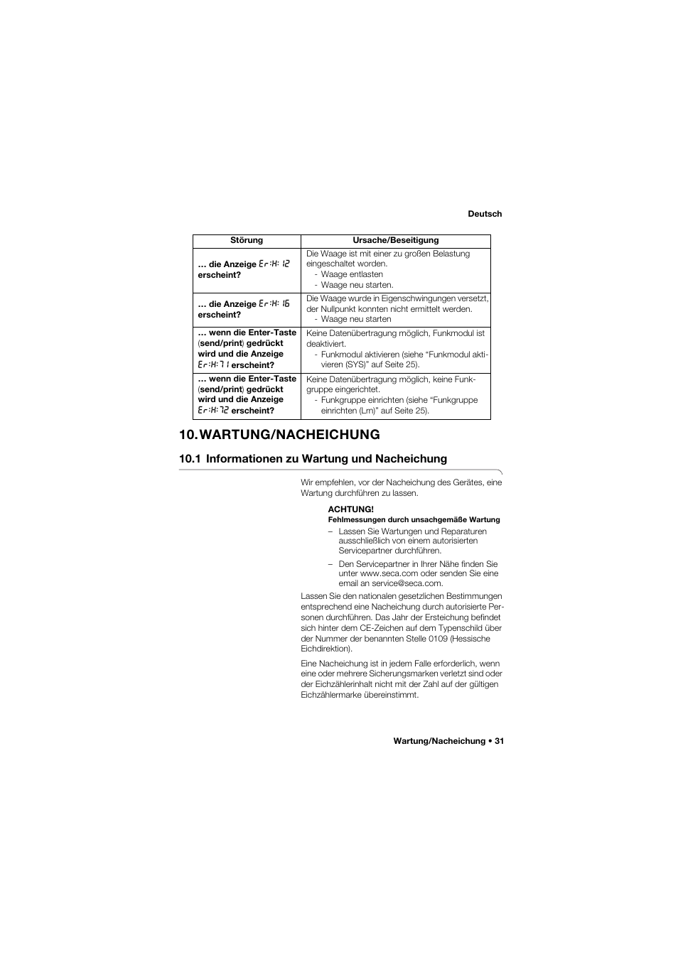 Wartung/nacheichung, 1 informationen zu wartung und nacheichung, 1 informationen zu wartung und | Nacheichung | Seca 704 User Manual | Page 31 / 443