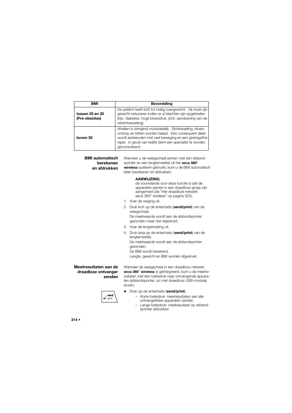 Bmi automatisch berekenen en afdrukken, Meetresultaten aan de draadloze ontvanger zenden | Seca 704 User Manual | Page 314 / 443