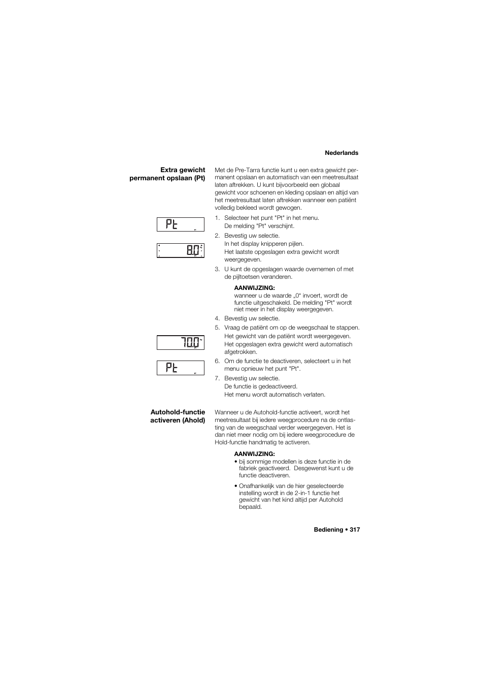 Extra gewicht permanent opslaan (pt), Autohold-functie activeren (ahold) | Seca 704 User Manual | Page 317 / 443