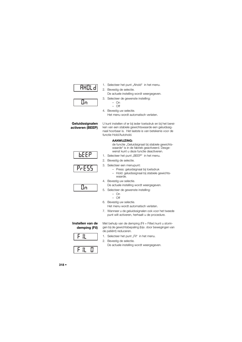 Geluidssignalen activeren (beep), Instellen van de demping (fil), 318 instellen van de demping (fil) | Seca 704 User Manual | Page 318 / 443