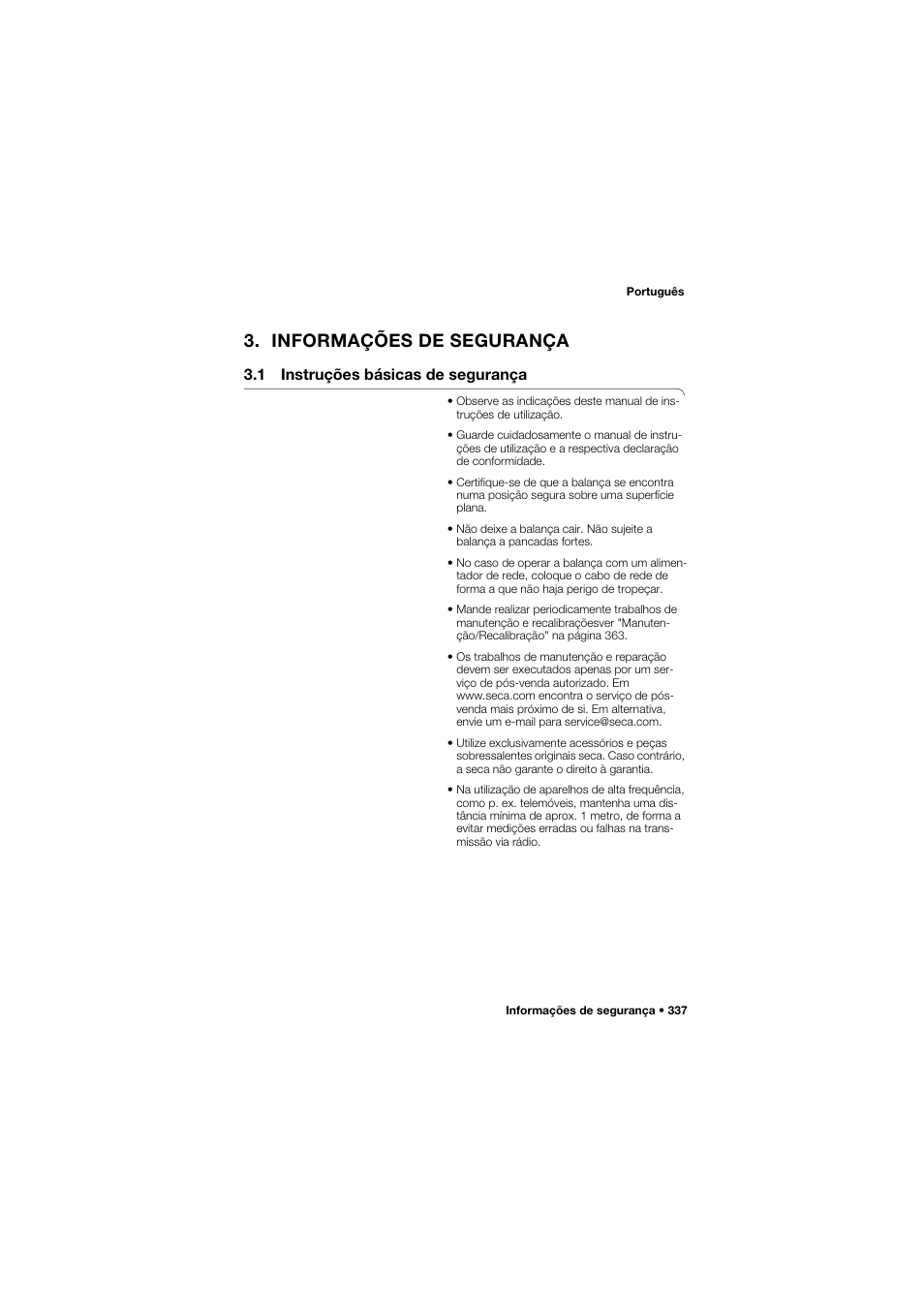 Informações de segurança, 1 instruções básicas de segurança | Seca 704 User Manual | Page 337 / 443