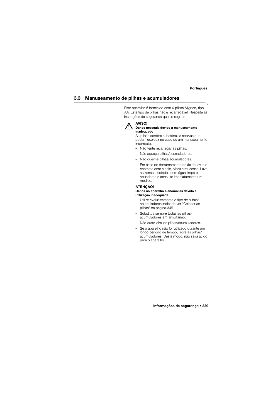 3 manuseamento de pilhas e acumuladores, 3 manuseamento de pilhas e, Acumuladores | Seca 704 User Manual | Page 339 / 443