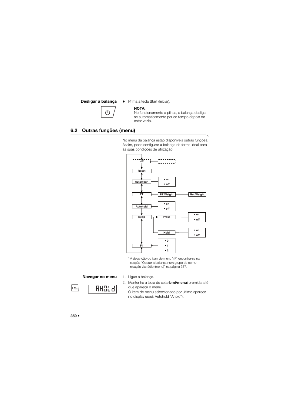 Desligar a balança, 2 outras funções (menu), Navegar no menu | Seca 704 User Manual | Page 350 / 443