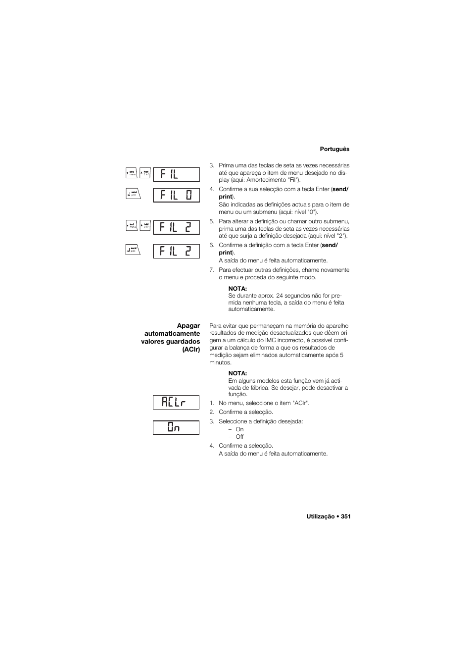 Apagar automaticamente valores guardados (aclr) | Seca 704 User Manual | Page 351 / 443