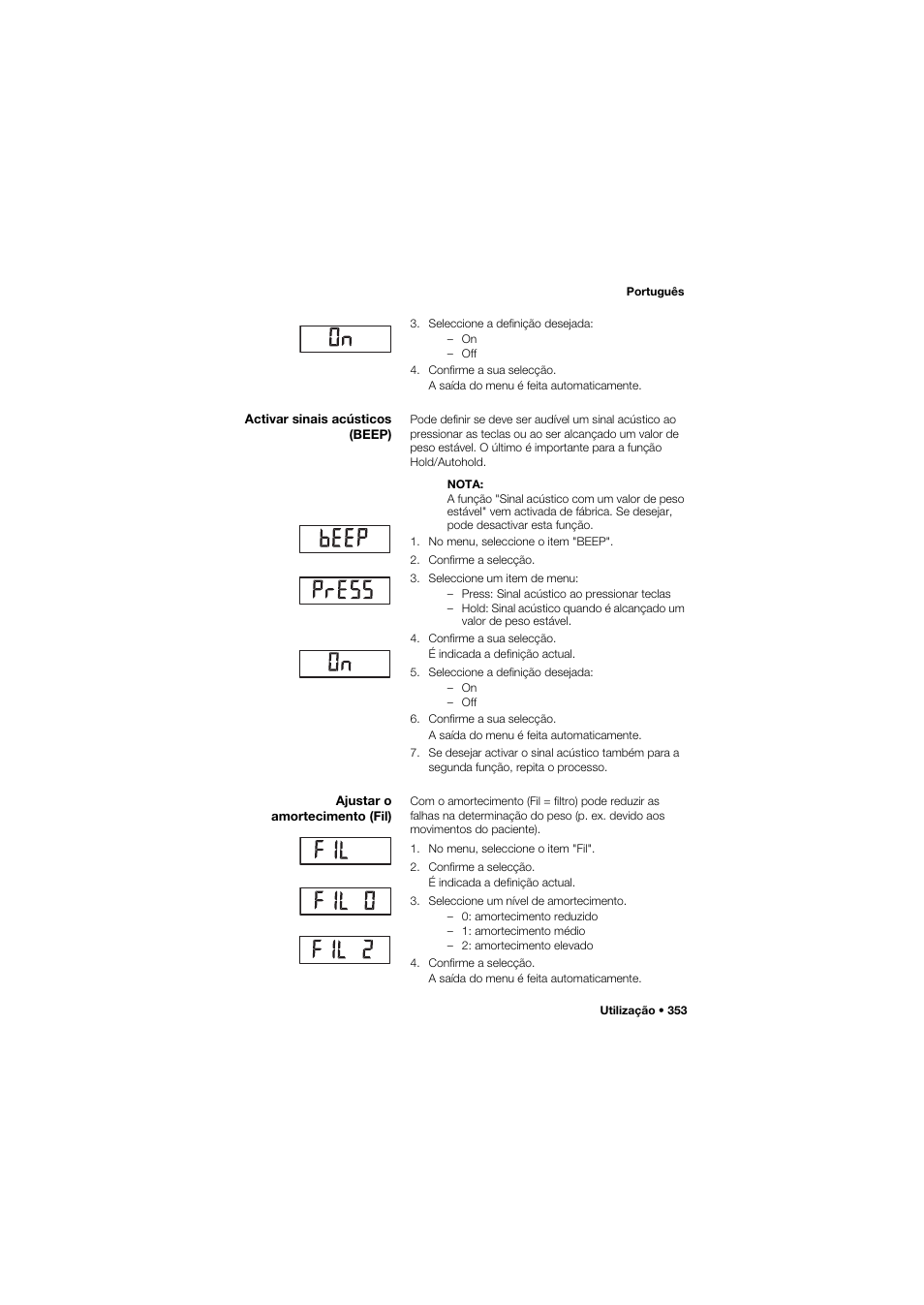 Activar sinais acústicos (beep), Ajustar o amortecimento (fil), 353 ajustar o amortecimento (fil) | Seca 704 User Manual | Page 353 / 443
