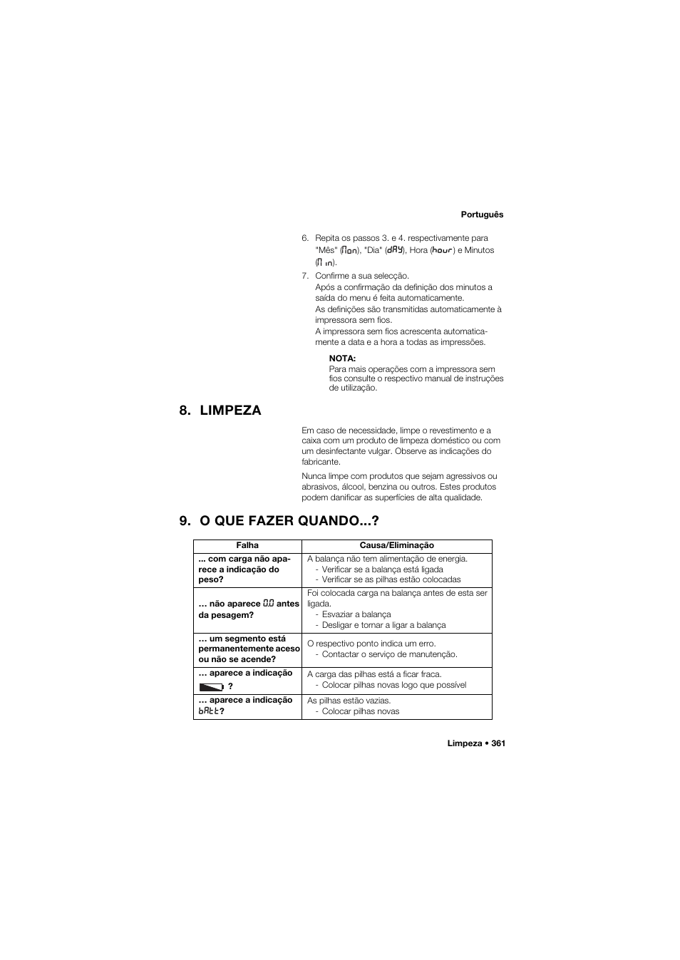 Limpeza, O que fazer quando | Seca 704 User Manual | Page 361 / 443
