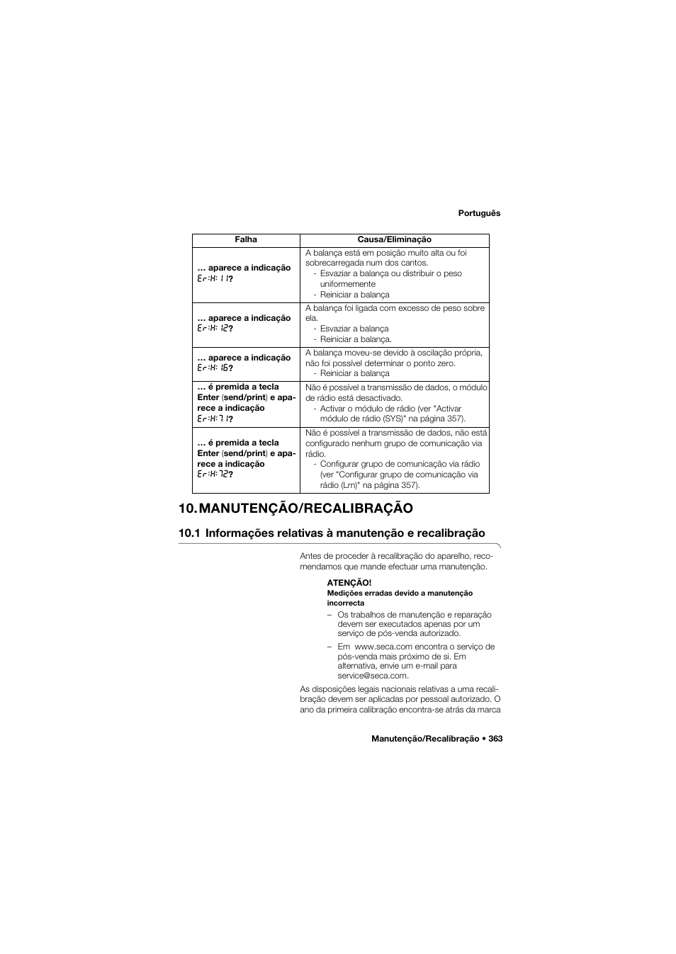Manutenção/recalibração, 1 informações relativas à, Manutenção e recalibração | Seca 704 User Manual | Page 363 / 443