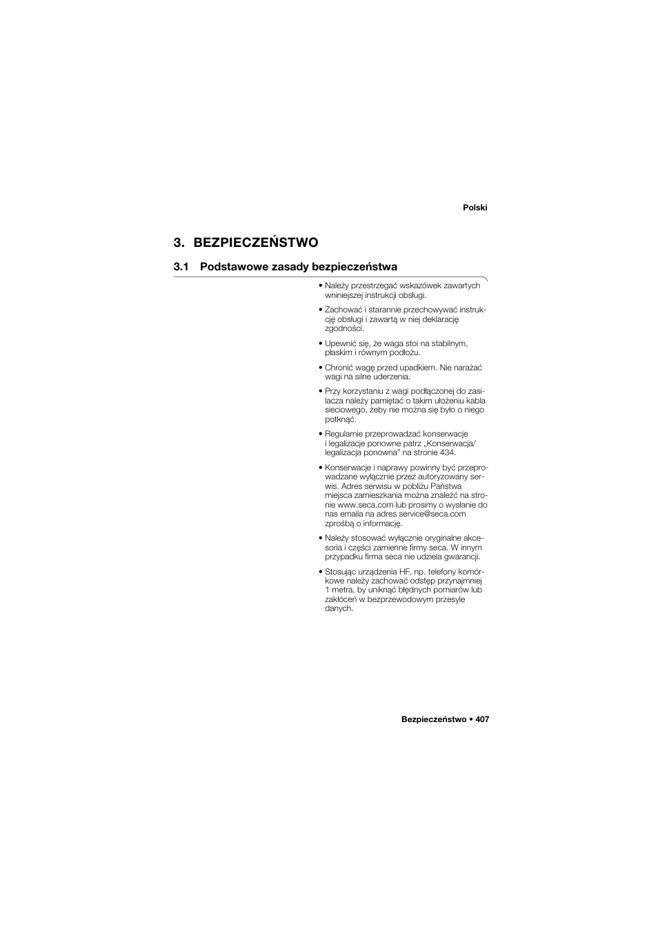 Bezpieczeństwo, 1 podstawowe zasady bezpieczeństwa, 1 podstawowe zasady | Bezpieczeństwa | Seca 704 User Manual | Page 407 / 443