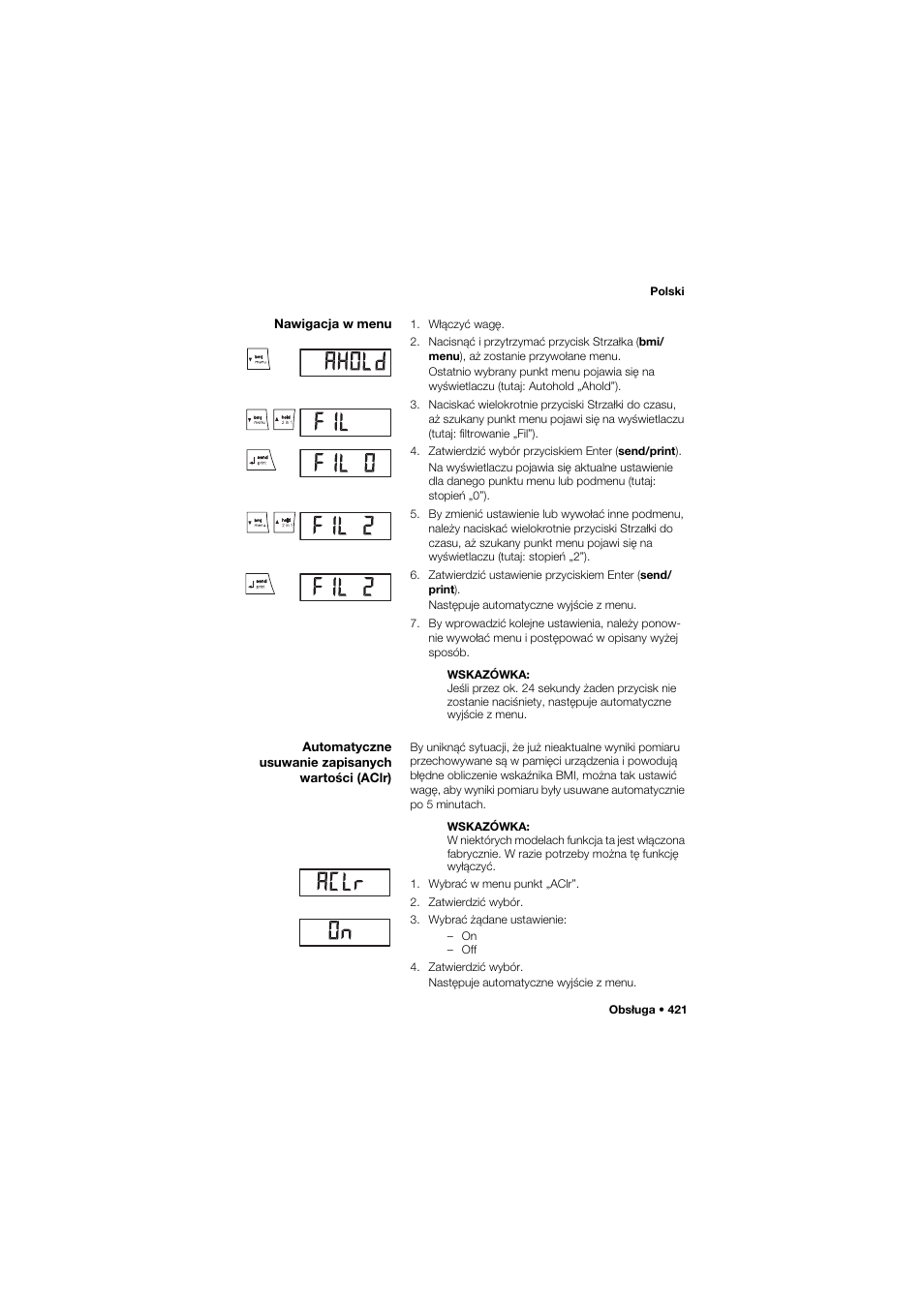 Nawigacja w menu, Automatyczne usuwanie zapisanych wartości (aclr) | Seca 704 User Manual | Page 421 / 443