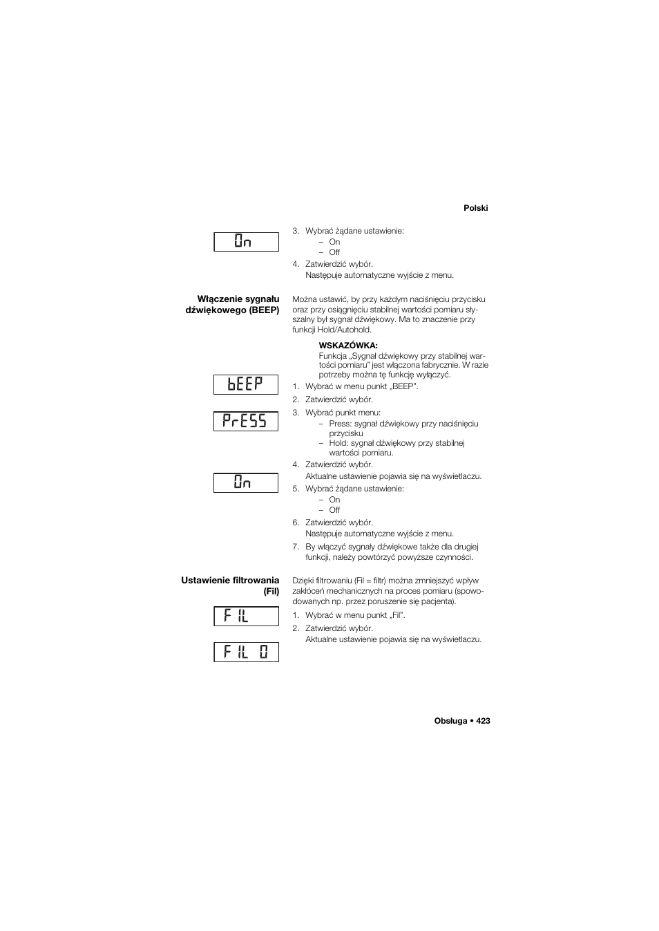 Włączenie sygnału dźwiękowego (beep), Ustawienie filtrowania (fil), 423 ustawienie filtrowania (fil) | Seca 704 User Manual | Page 423 / 443