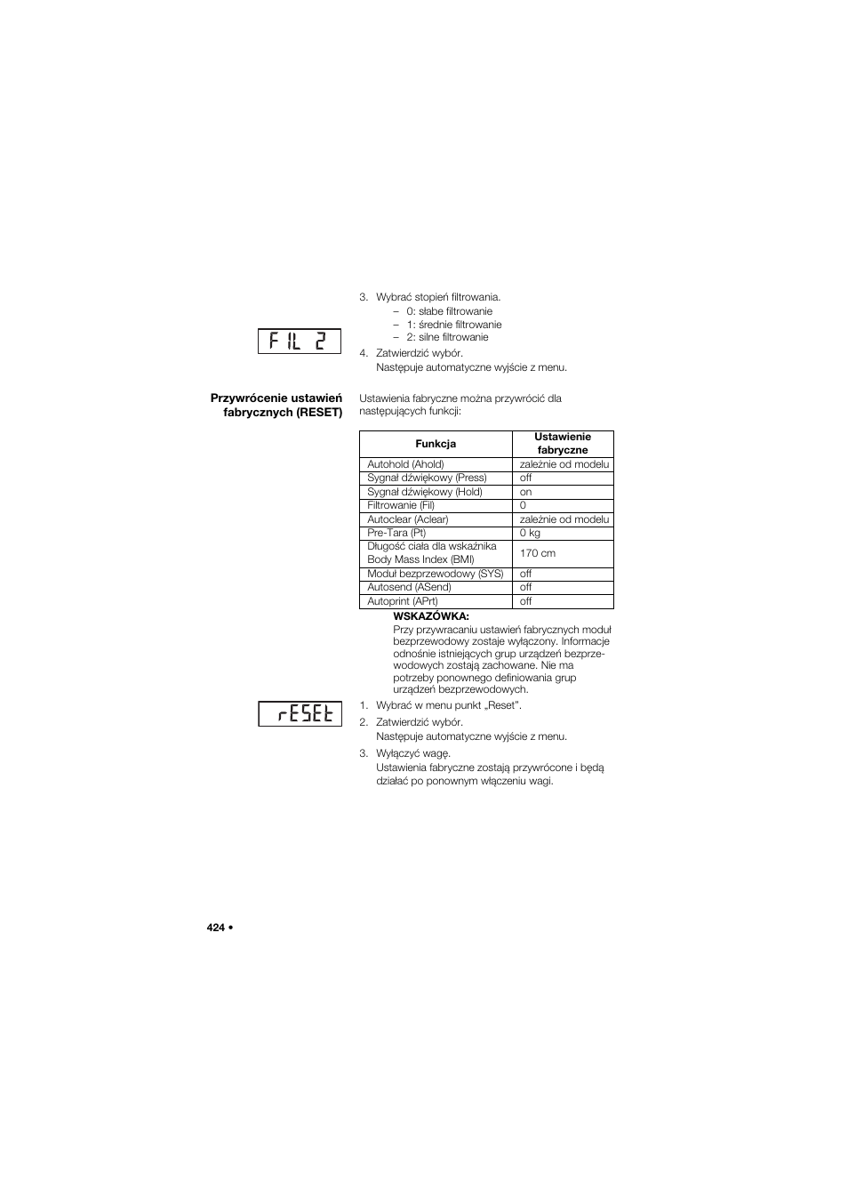 Przywrócenie ustawień fabrycznych (reset) | Seca 704 User Manual | Page 424 / 443