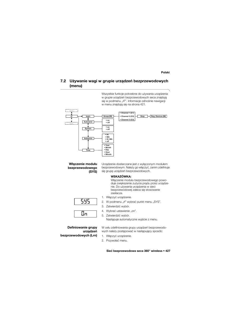 Włączenie modułu bezprzewodowego (sys), Definiowanie grupy urządzeń bezprzewodowych (lrn), 2 używanie wagi w grupie urządzeń | Bezprzewodowych (menu), 2 używanie wagi w, Grupie urządzeń bezprzewodowych (menu) | Seca 704 User Manual | Page 427 / 443