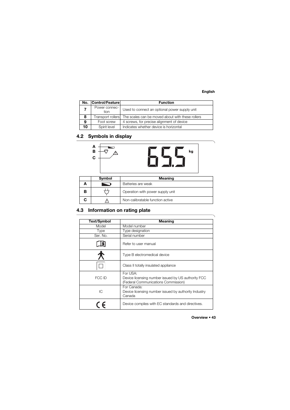 2 symbols in display, 3 information on rating plate, 43 4.3 information on rating plate | Seca 704 User Manual | Page 43 / 443
