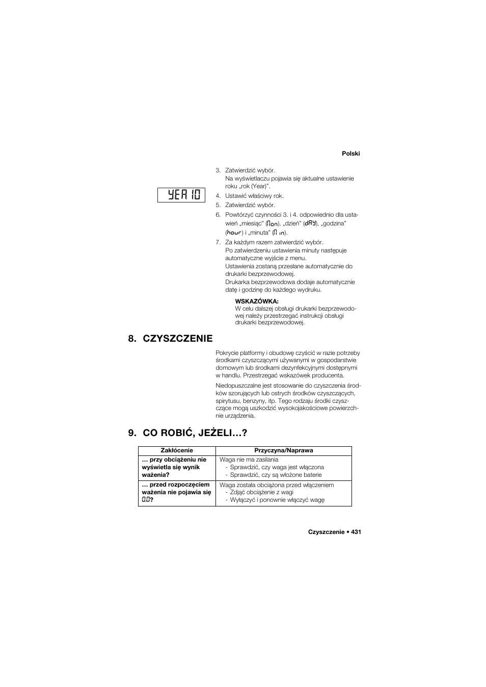 Czyszczenie, Co robić, jeżeli | Seca 704 User Manual | Page 431 / 443
