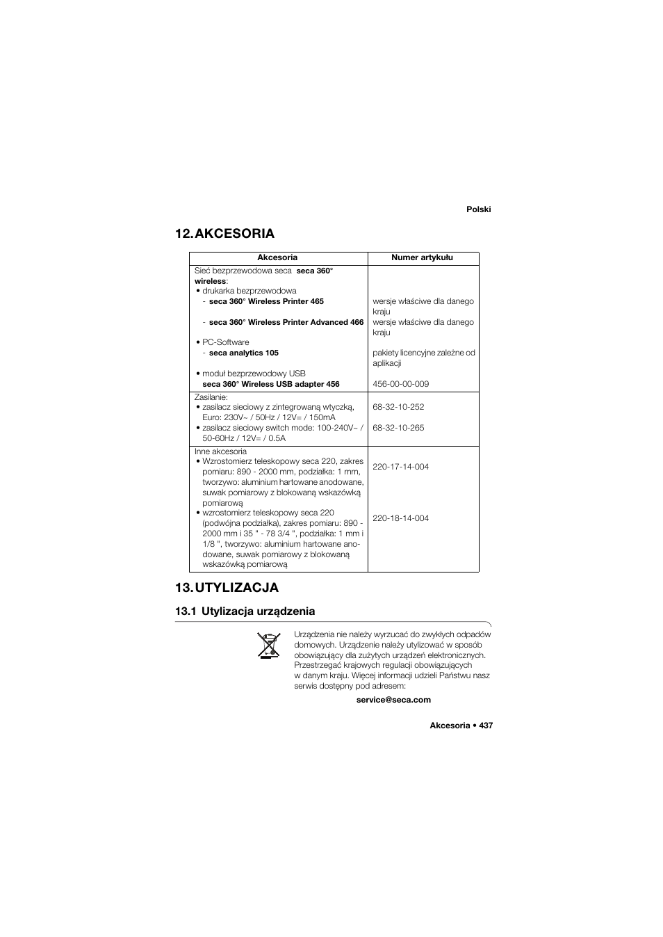 Akcesoria, Utylizacja, 1 utylizacja urządzenia | Akcesoria 13.utylizacja | Seca 704 User Manual | Page 437 / 443