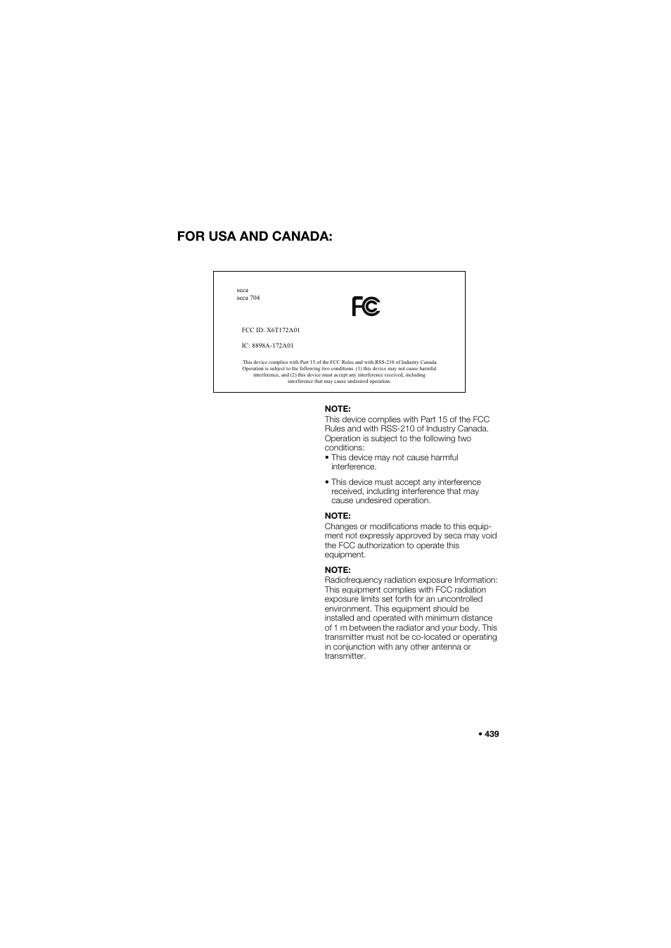 Declaration of conformity, For usa and canada | Seca 704 User Manual | Page 439 / 443