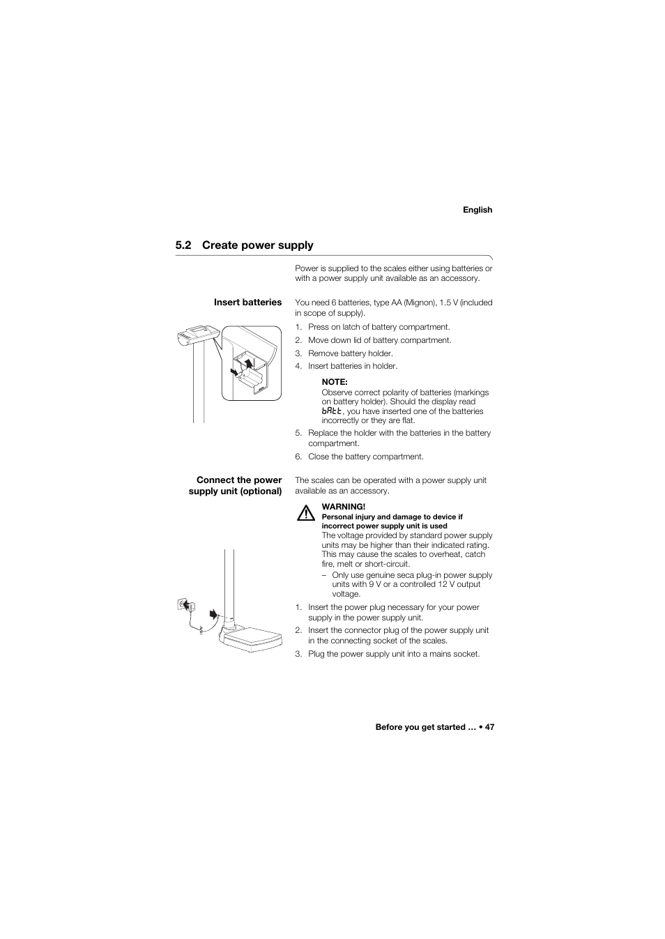 2 create power supply, Insert batteries, Connect the power supply unit (optional) | 47 connect the power supply unit (optional) | Seca 704 User Manual | Page 47 / 443