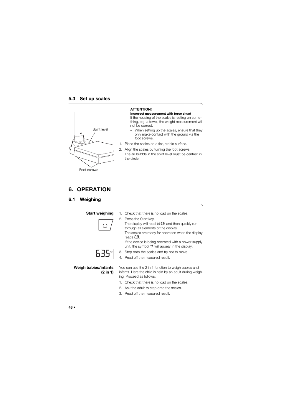 3 set up scales, Operation, 1 weighing | Start weighing, Weigh babies/infants (2 in 1), 48 weigh babies/infants (2 in 1) | Seca 704 User Manual | Page 48 / 443