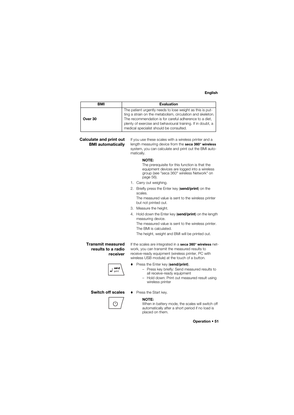 Calculate and print out bmi automatically, Transmit measured results to a radio receiver, Switch off scales | 51 switch off scales | Seca 704 User Manual | Page 51 / 443