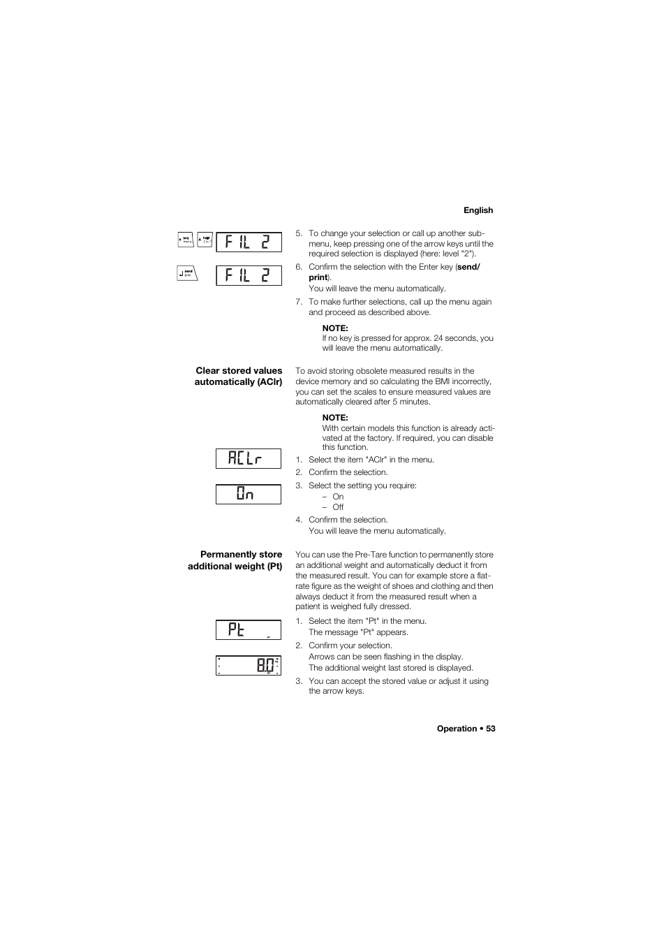 Clear stored values automatically (aclr), Permanently store additional weight (pt), 53 permanently store additional weight (pt) | Seca 704 User Manual | Page 53 / 443