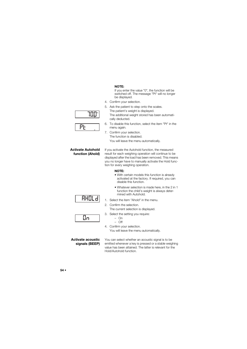 Activate autohold function (ahold), Activate acoustic signals (beep), 54 activate acoustic signals (beep) | Seca 704 User Manual | Page 54 / 443