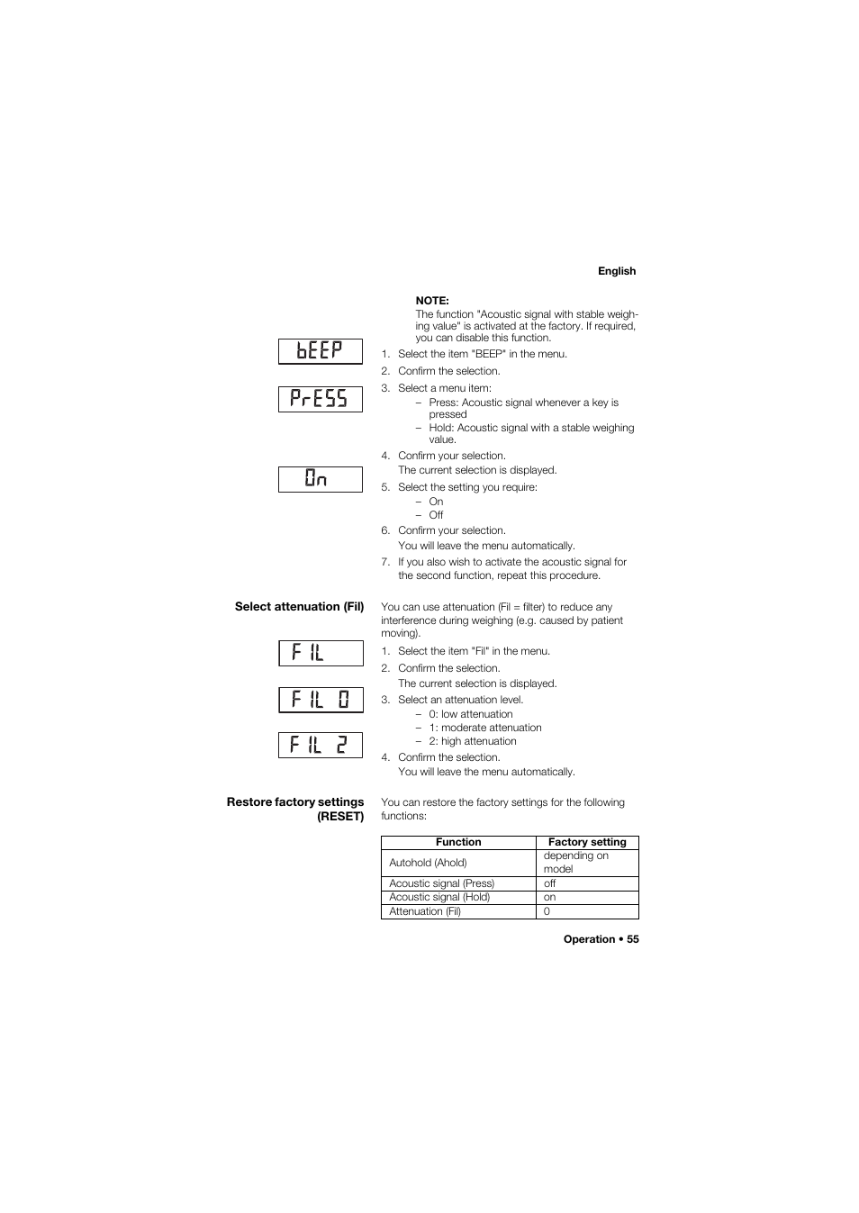 Select attenuation (fil), Restore factory settings (reset), 55 restore factory settings (reset) | Seca 704 User Manual | Page 55 / 443