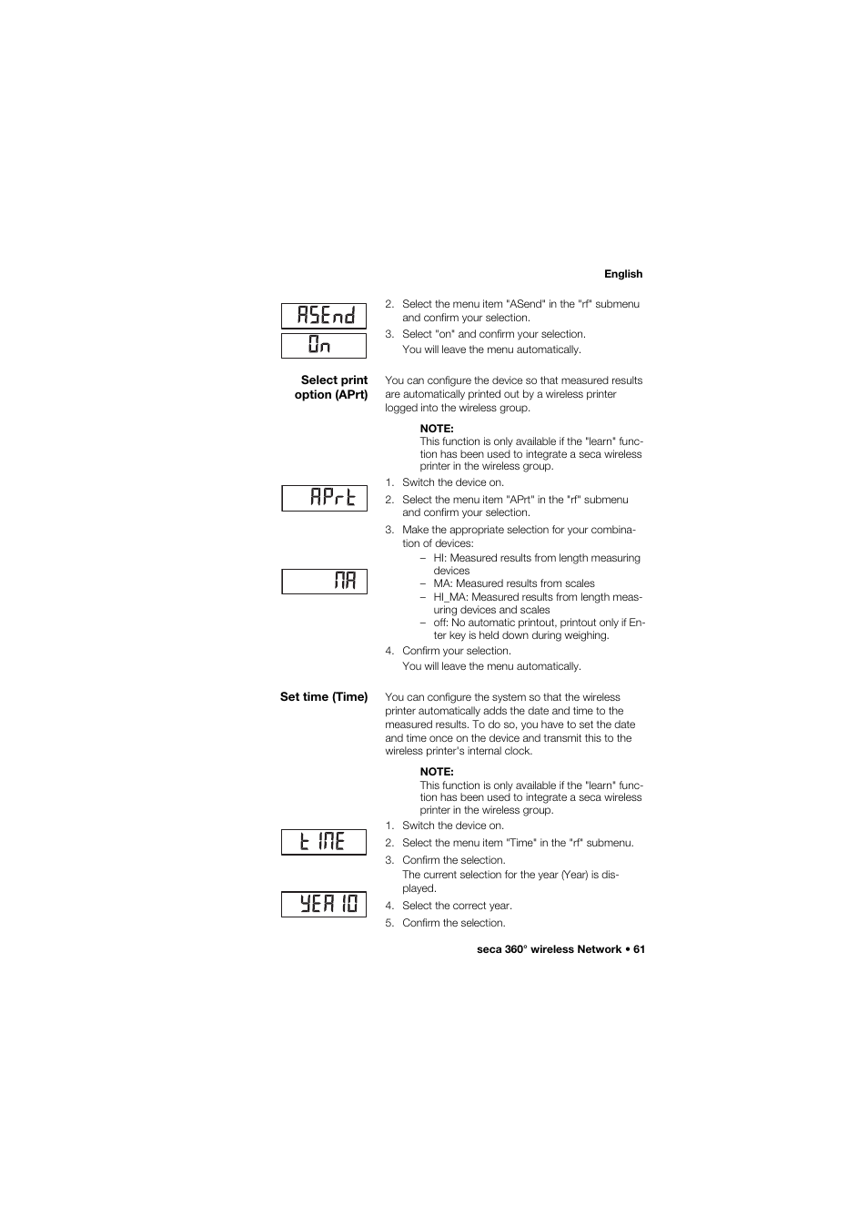 Select print option (aprt), Set time (time), 61 set time (time) | Seca 704 User Manual | Page 61 / 443