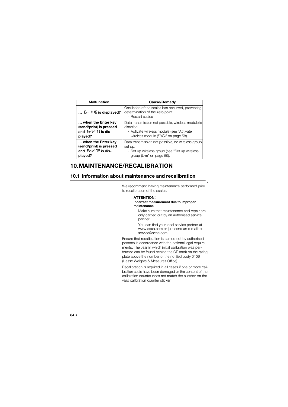 Maintenance/recalibration, 1 information about maintenance and recalibration, 1 information about maintenance | And recalibration | Seca 704 User Manual | Page 64 / 443
