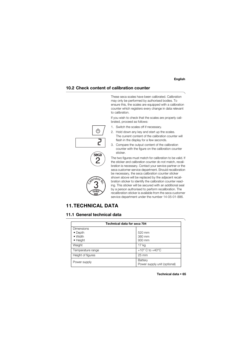 2 check content of calibration counter, Technical data, 1 general technical data | 2 check content of calibration, Counter | Seca 704 User Manual | Page 65 / 443