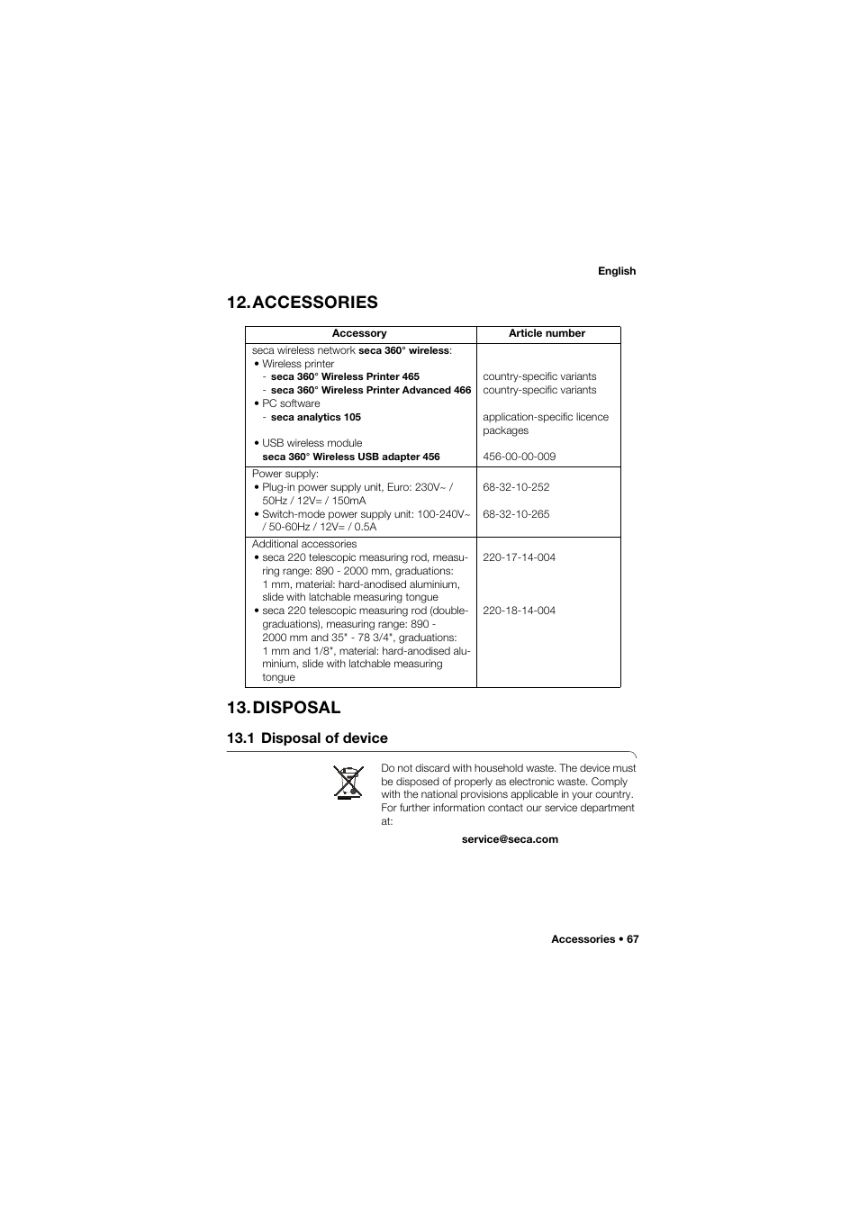 Accessories, Disposal, 1 disposal of device | Accessories 13.disposal | Seca 704 User Manual | Page 67 / 443