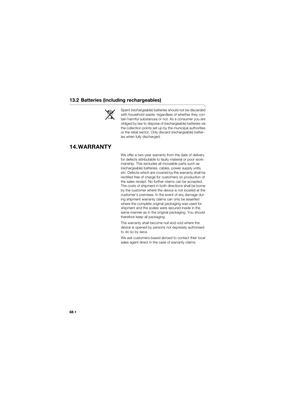 2 batteries (including rechargeables), Warranty, 2 batteries (including | Rechargeables) | Seca 704 User Manual | Page 68 / 443