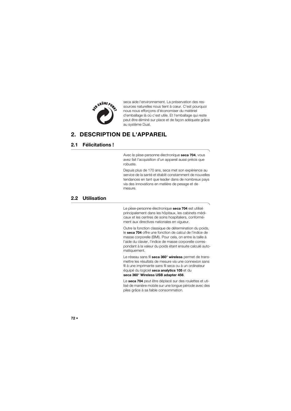 Description de l'appareil, 1 félicitations, 2 utilisation | 72 2.2 utilisation | Seca 704 User Manual | Page 72 / 443