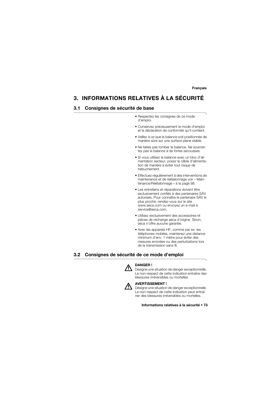 Informations relatives à la sécurité, 1 consignes de sécurité de base, 2 consignes de sécurité de ce mode d'emploi | 73 3.2 consignes de sécurité de ce, Mode d'emploi | Seca 704 User Manual | Page 73 / 443