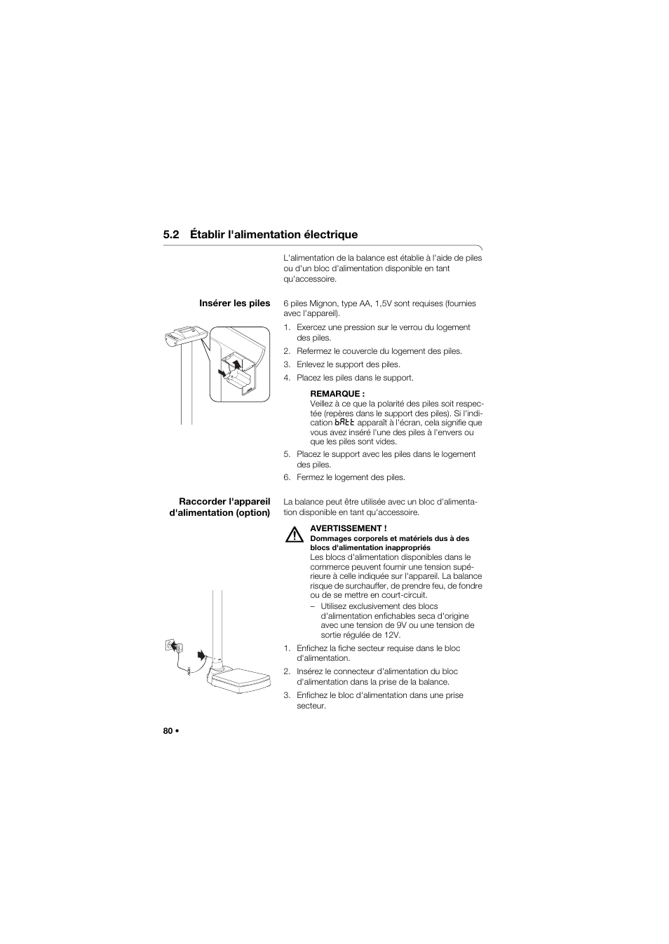 2 établir l'alimentation électrique, Insérer les piles, Raccorder l'appareil d'alimentation (option) | 80 raccorder l'appareil d'alimentation (option) | Seca 704 User Manual | Page 80 / 443