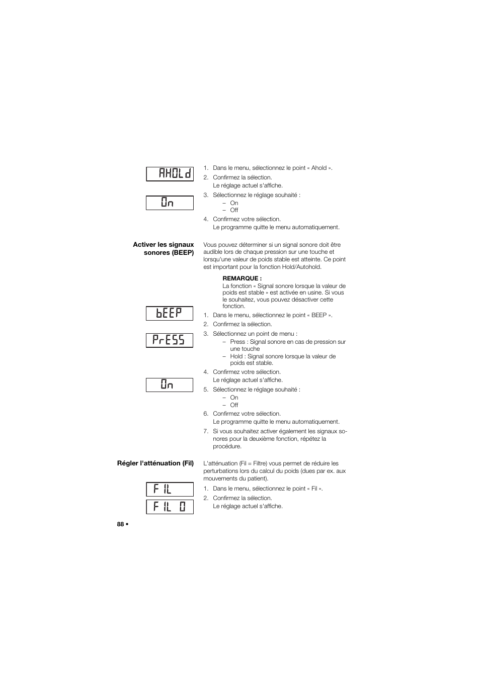 Activer les signaux sonores (beep), Régler l'atténuation (fil), 88 régler l'atténuation (fil) | Seca 704 User Manual | Page 88 / 443
