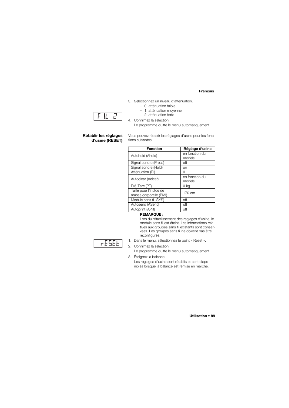 Rétablir les réglages d'usine (reset) | Seca 704 User Manual | Page 89 / 443