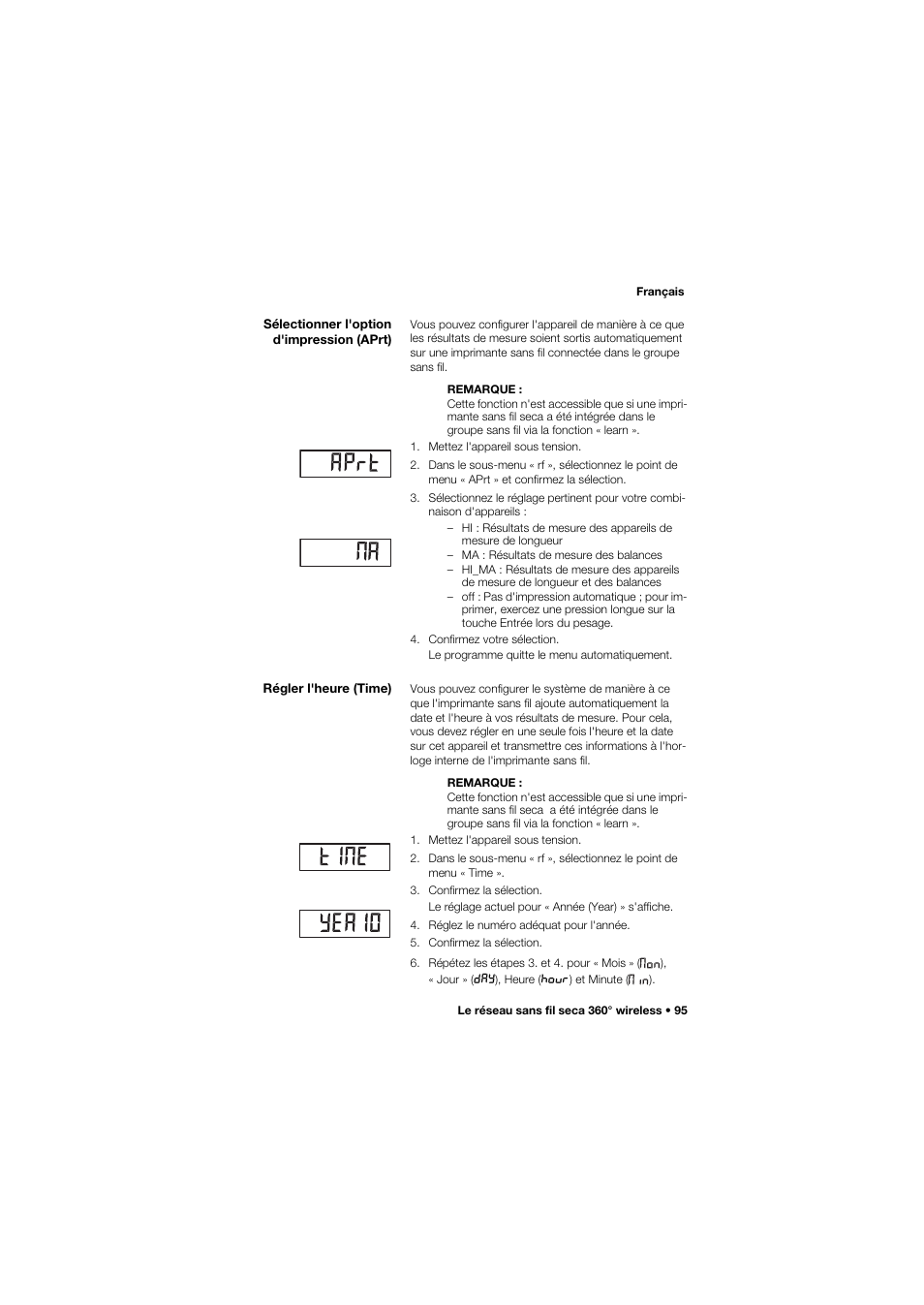 Sélectionner l'option d'impression (aprt), Régler l'heure (time), 95 régler l'heure (time) | Seca 704 User Manual | Page 95 / 443