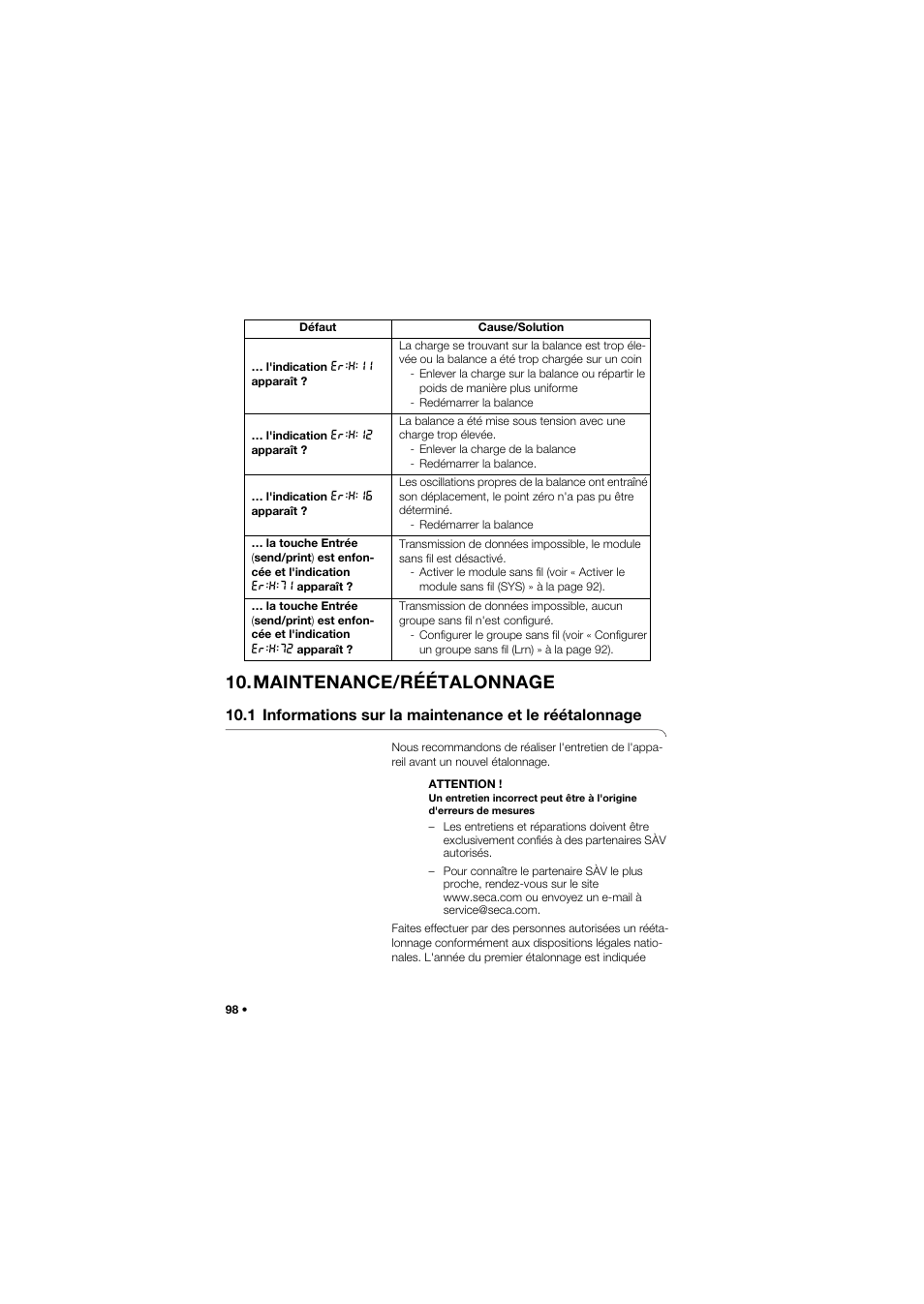Maintenance/réétalonnage, 1 informations sur la maintenance, Et le réétalonnage | Seca 704 User Manual | Page 98 / 443