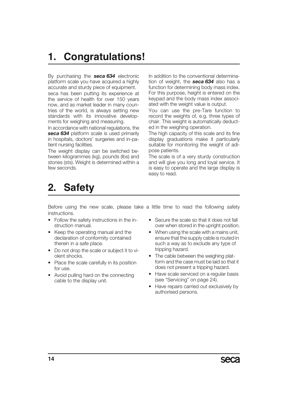 English, Congratulations, Safety | Seca 634 User Manual | Page 14 / 77