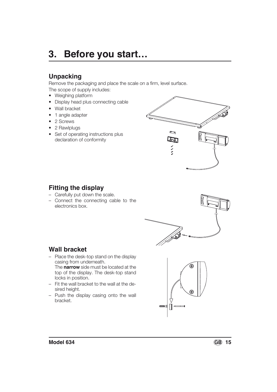 Before you start, Unpacking, Fitting the display | Wall bracket | Seca 634 User Manual | Page 15 / 77