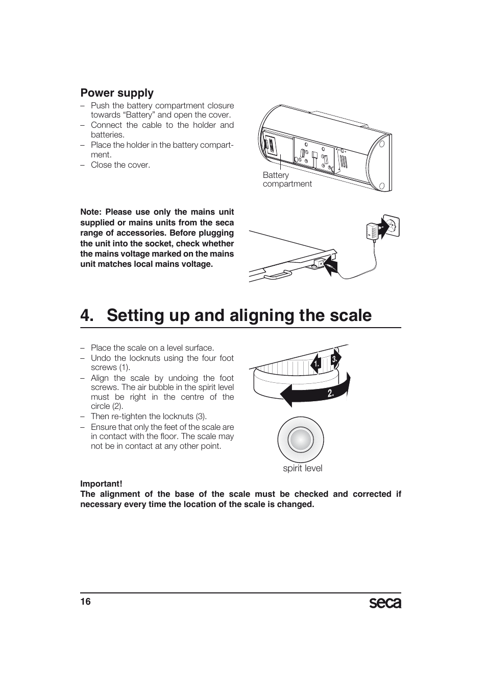 Setting up and aligning the scale, Power supply, Libelle | Seca 634 User Manual | Page 16 / 77