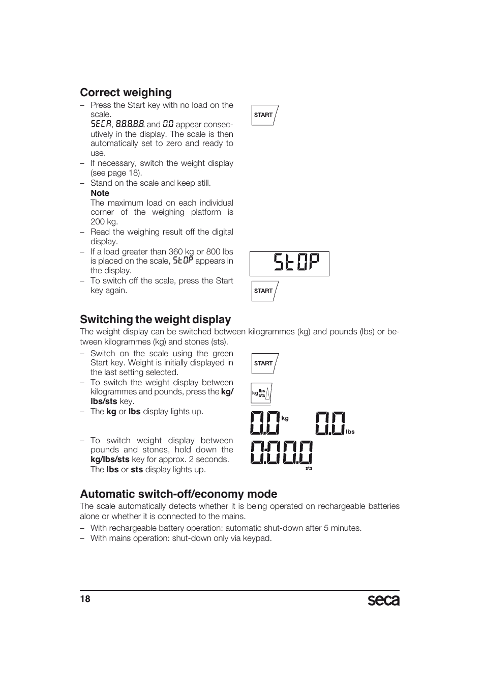 Correct weighing, Switching the weight display, Automatic switch-off/economy mode | Seca 634 User Manual | Page 18 / 77