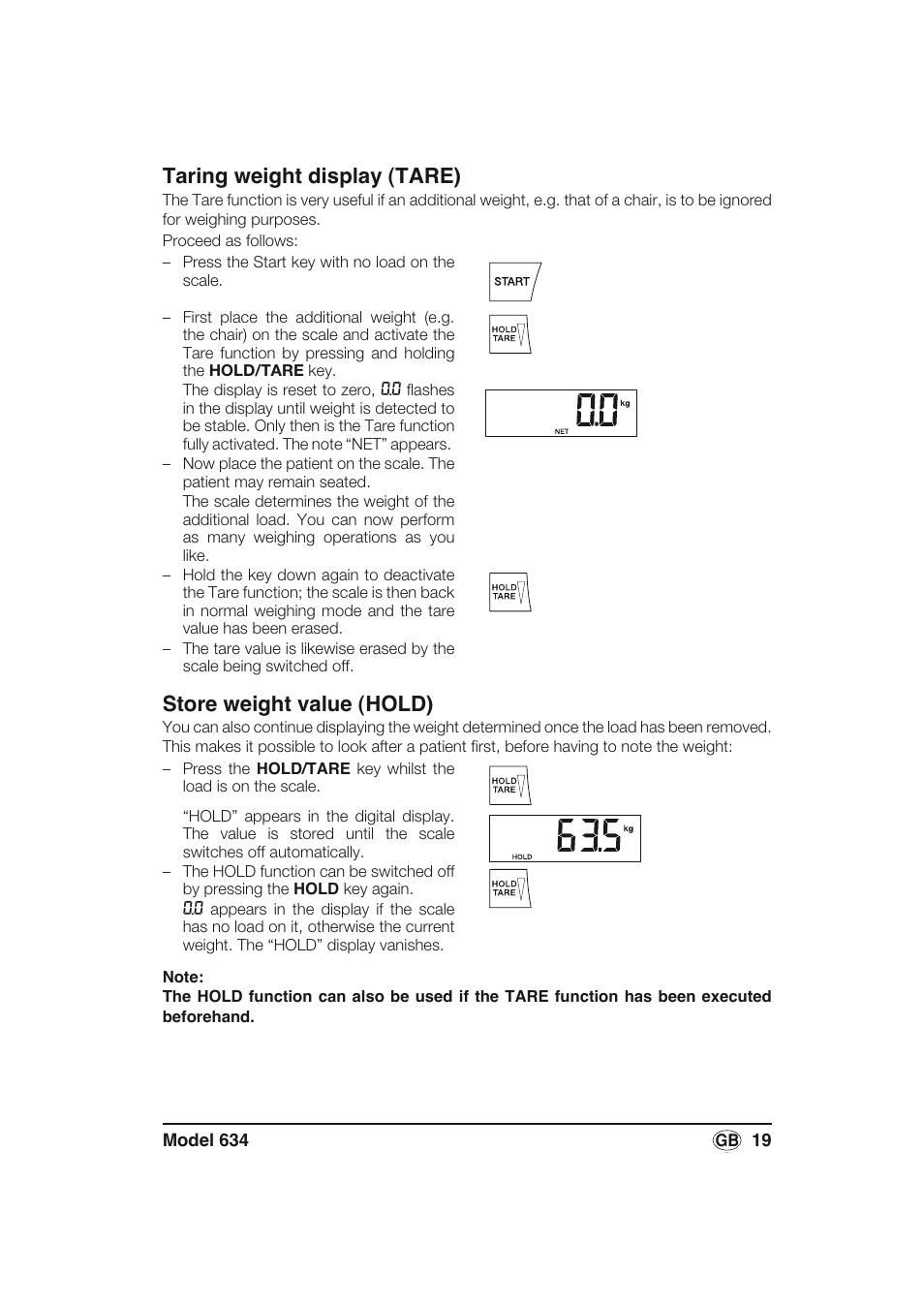 Taring weight display (tare), Store weight value (hold) | Seca 634 User Manual | Page 19 / 77