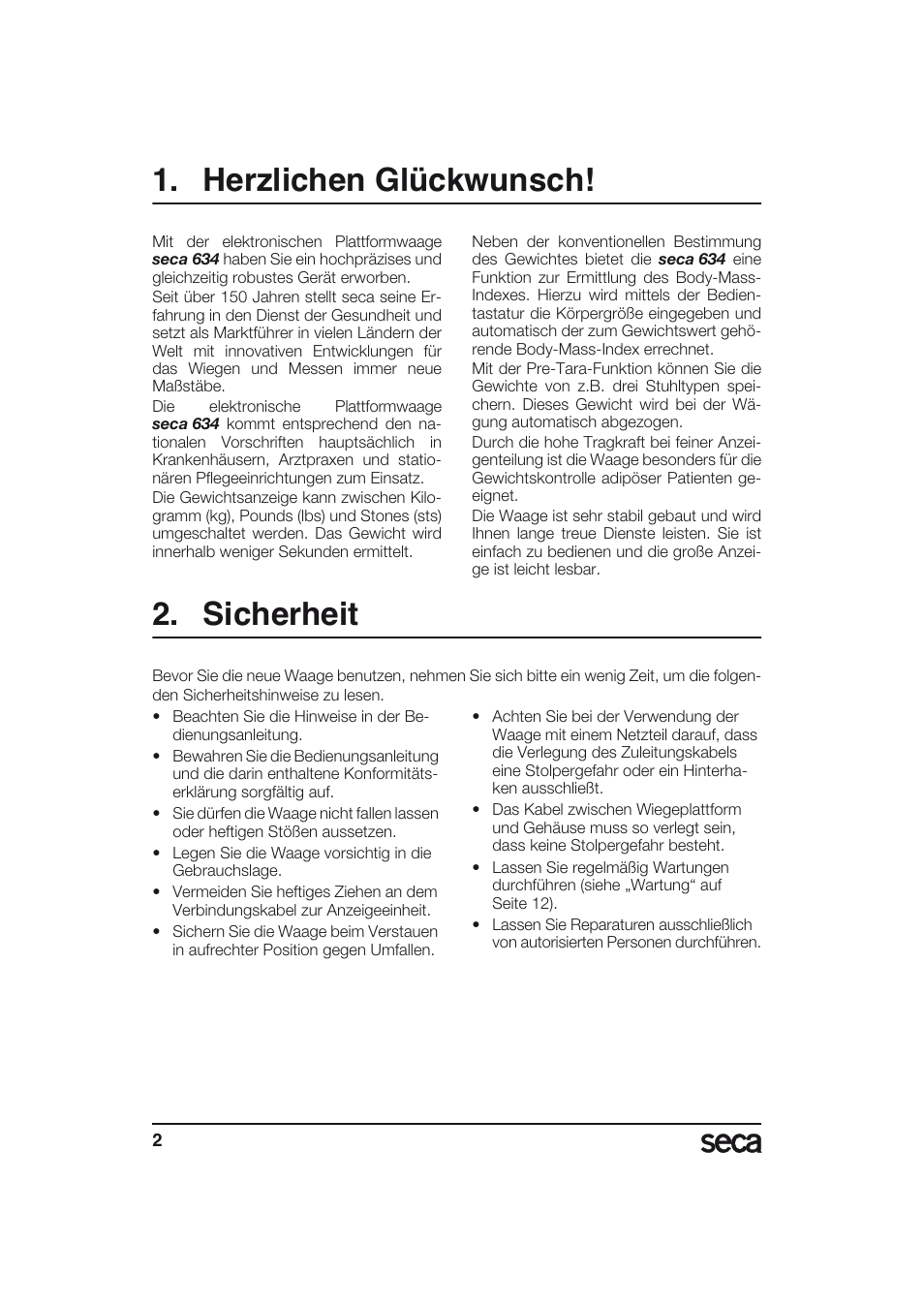 Deutsch, Herzlichen glückwunsch, Sicherheit | Seca 634 User Manual | Page 2 / 77