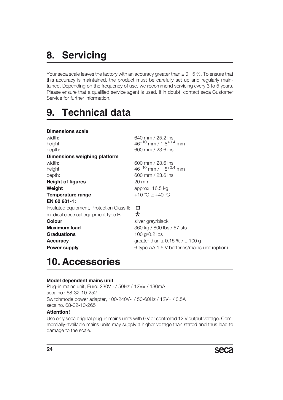 Servicing, Technical data, Accessories | Seca 634 User Manual | Page 24 / 77