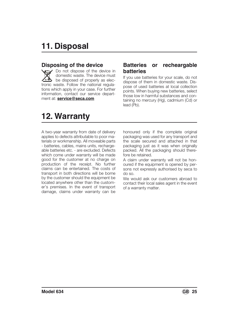 Disposal, Batteries or recheargable batteries, Warranty | Disposing of the device | Seca 634 User Manual | Page 25 / 77