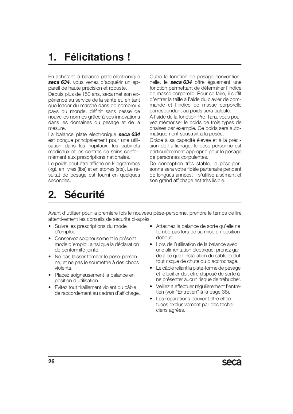 Français, Félicitations, Sécurité | Seca 634 User Manual | Page 26 / 77