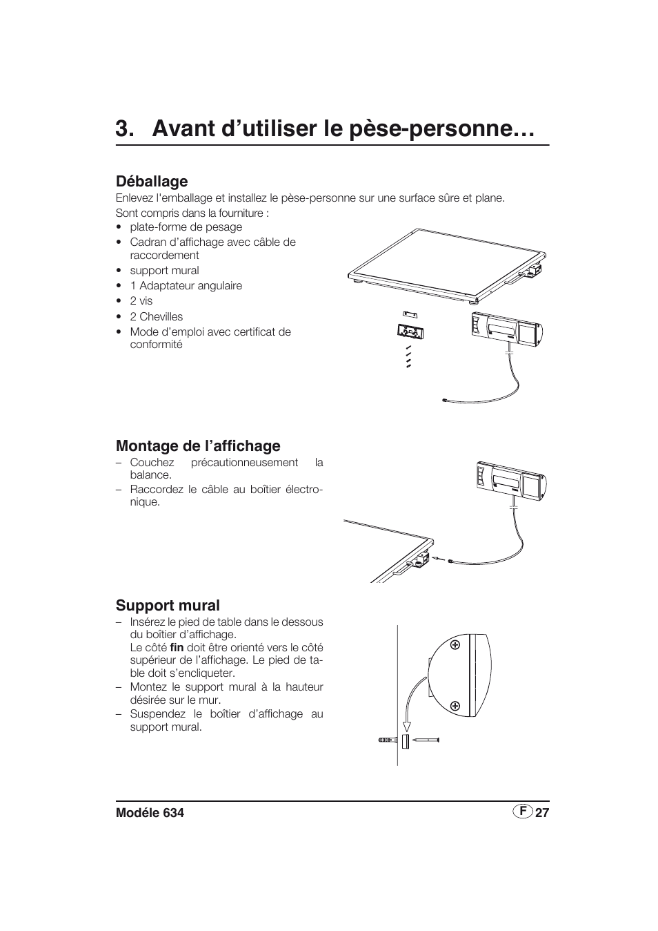 Avant d’utiliser le pèse-personne, Déballage, Montage de l’affichage | Support mural | Seca 634 User Manual | Page 27 / 77
